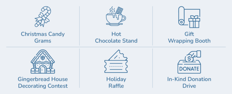 This graphic shows six holiday fundraising ideas that are relatively easy to plan and execute, which are listed below.