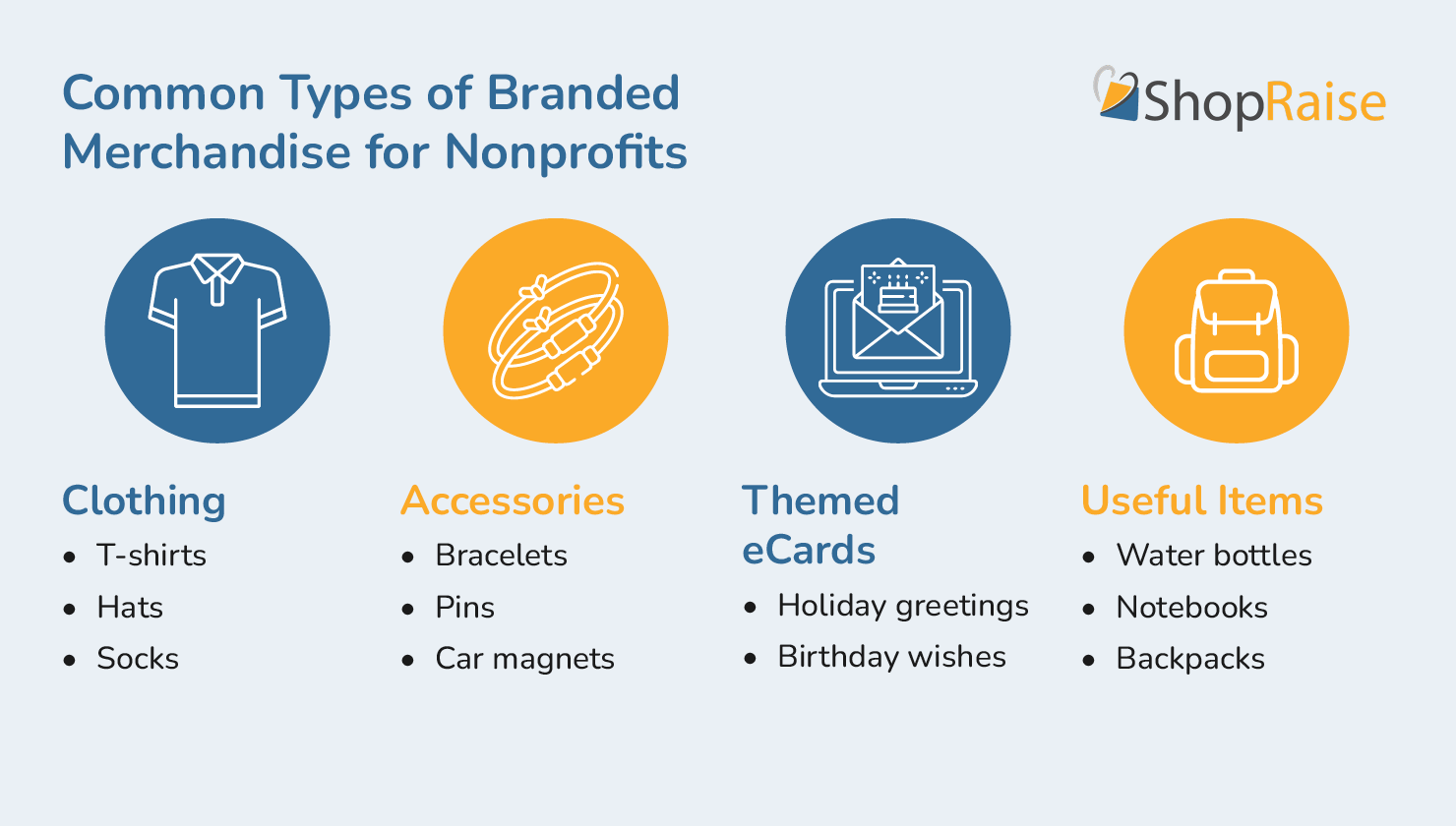 Common types of branded merchandise that you can purchase to support a cause, as listed below.