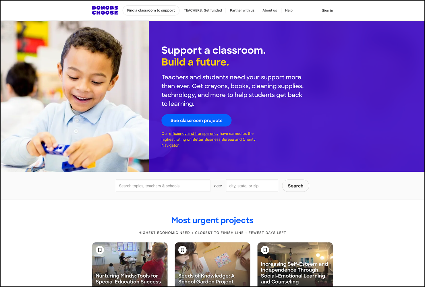 DonorsChoose’s website homepage.